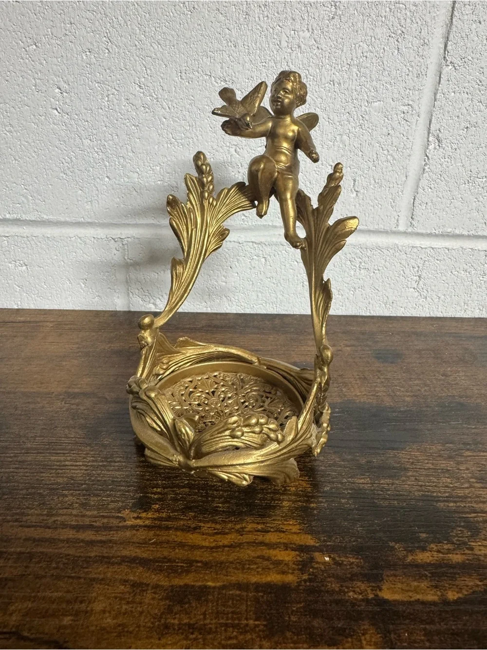 Antique art nouveau ormolu bronze Cupid with bird Cupid stand